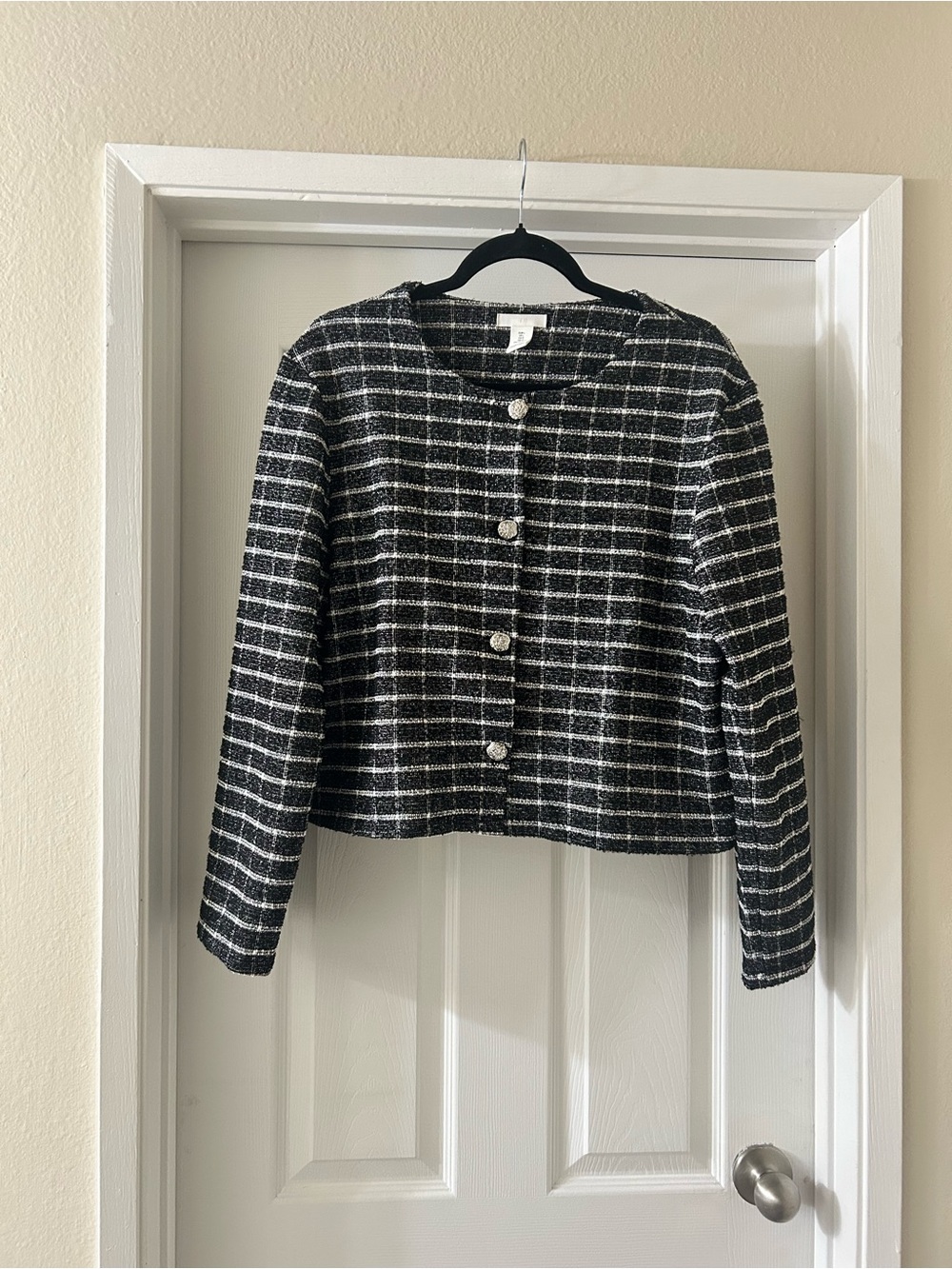 H&M Black and White Tweed Cropped Blazer